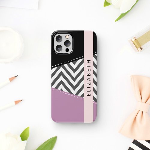 Gray Zigzag Gray Chevron Purple Your Name iPhone 12 Pro Case