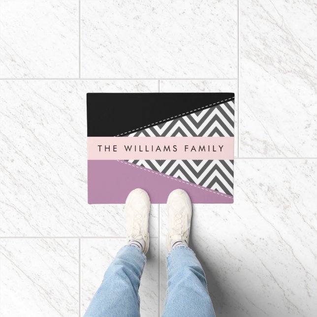 Gray Zigzag, Gray Chevron, Purple, Your Name Doormat (Indoor)