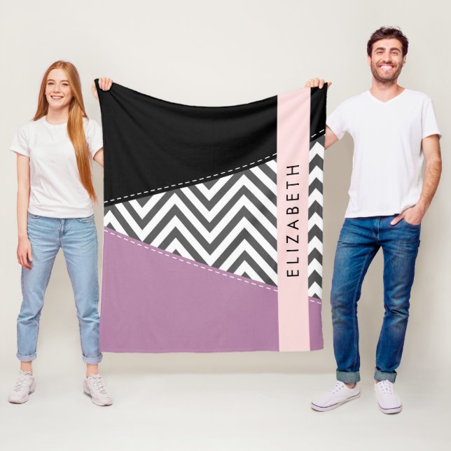 Gray Zigzag, Gray Chevron, Purple, Your Name Fleece Blanket (In Situ)