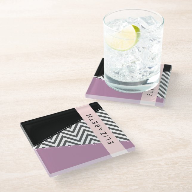 Gray Zigzag, Gray Chevron, Purple, Your Name Glass Coaster (Angled)