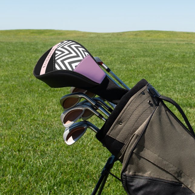 Gray Zigzag, Gray Chevron, Purple, Your Name Golf Head Cover (In Situ)