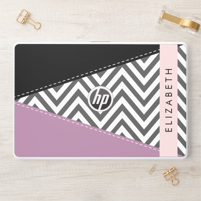 Gray Zigzag, Gray Chevron, Purple, Your Name HP Laptop Skin (Desk)