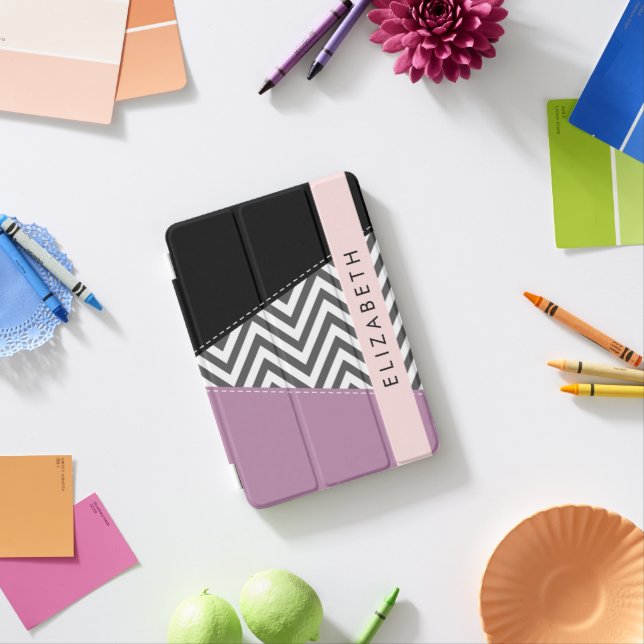 Gray Zigzag, Gray Chevron, Purple, Your Name iPad Mini Cover (In Situ)