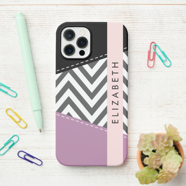 Gray Zigzag, Gray Chevron, Purple, Your Name iPhone Case (On Desk)