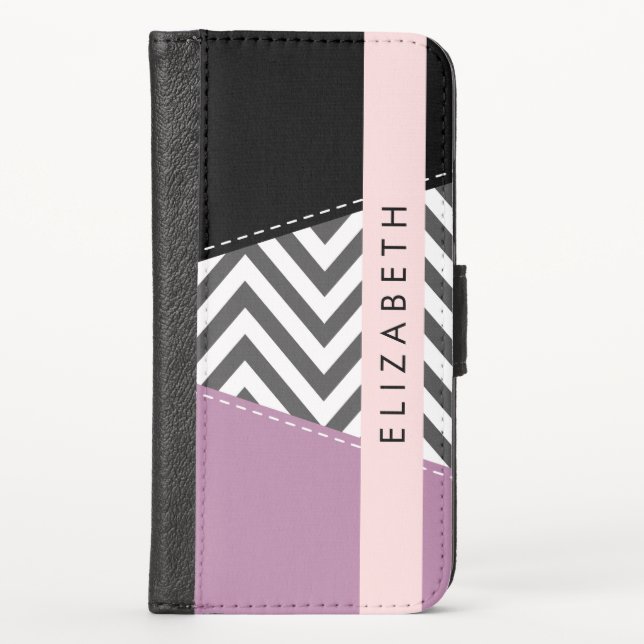 Gray Zigzag, Gray Chevron, Purple, Your Name iPhone Wallet Case (Front)