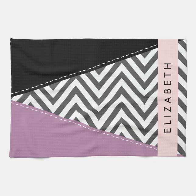 Gray Zigzag, Gray Chevron, Purple, Your Name Kitchen Towel (Horizontal)