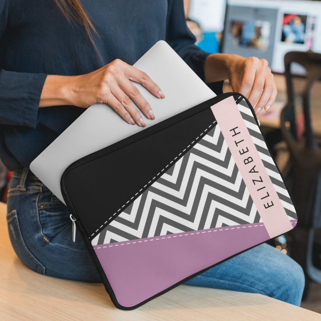 Gray Zigzag, Gray Chevron, Purple, Your Name Laptop Sleeve (Creator Uploaded)