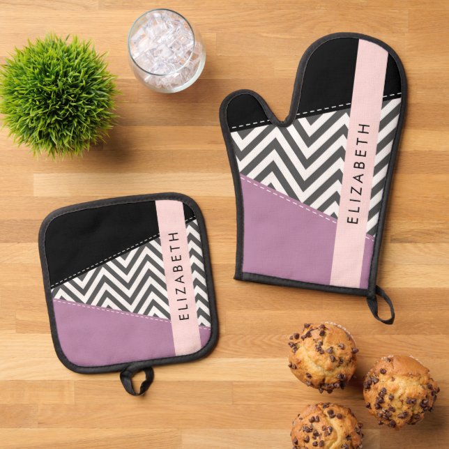 Gray Zigzag, Gray Chevron, Purple, Your Name Oven Mitt & Pot Holder Set (Top Down)