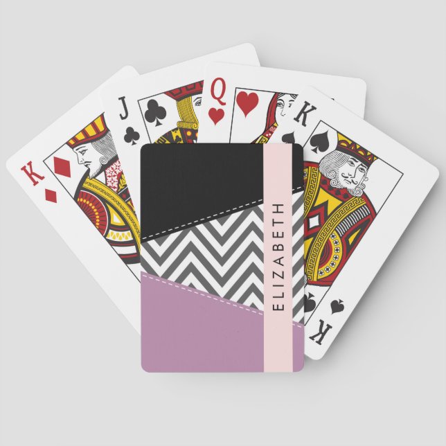 Gray Zigzag, Gray Chevron, Purple, Your Name Poker Cards (Back)