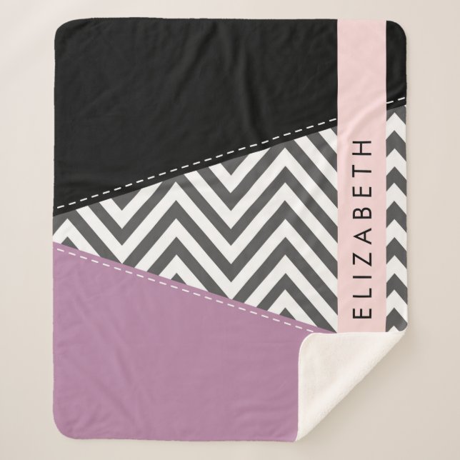 Gray Zigzag, Gray Chevron, Purple, Your Name Sherpa Blanket (Front)