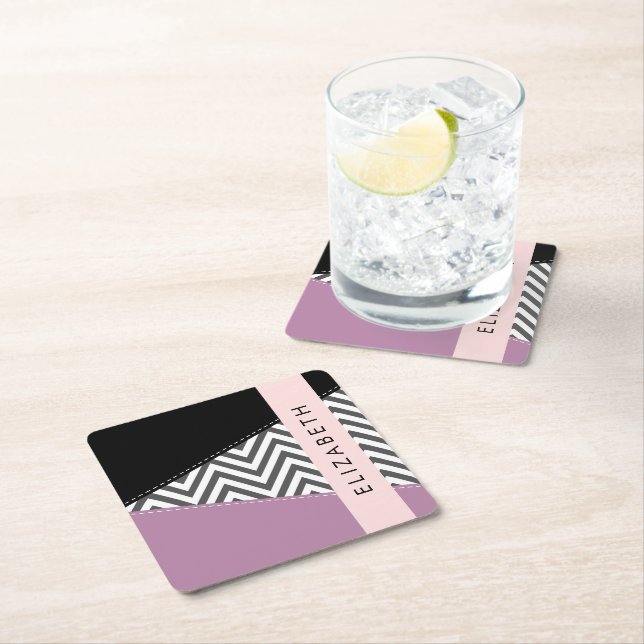 Gray Zigzag, Gray Chevron, Purple, Your Name Square Paper Coaster (Insitu)