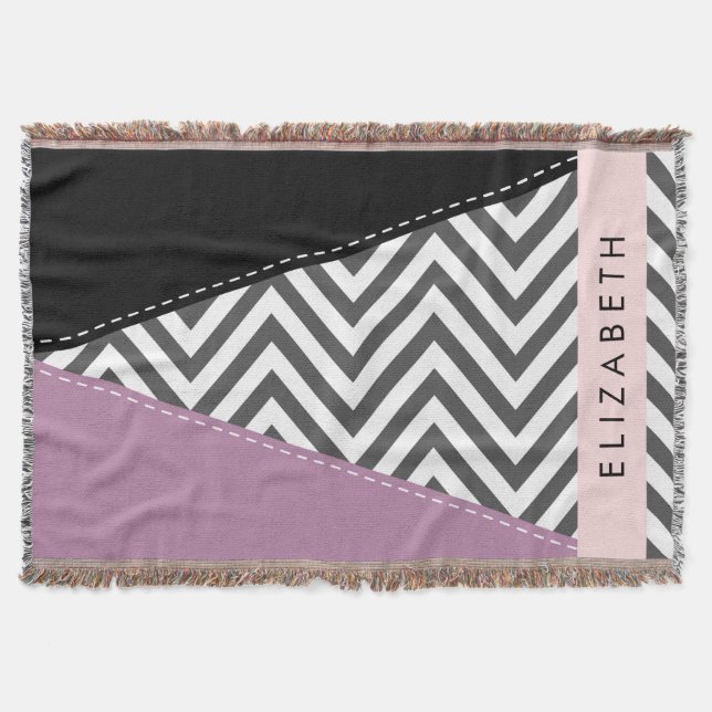 Gray Zigzag, Gray Chevron, Purple, Your Name Throw Blanket (Front)
