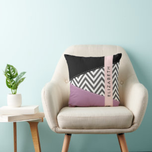 Gray Zigzag, Gray Chevron, Purple, Your Name Throw Pillow
