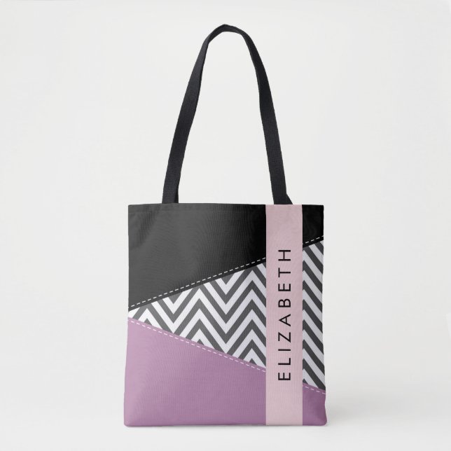 Gray Zigzag, Gray Chevron, Purple, Your Name Tote Bag (Front)