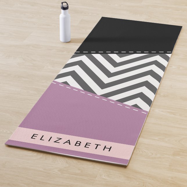 Gray Zigzag, Gray Chevron, Purple, Your Name Yoga Mat (In Situ)