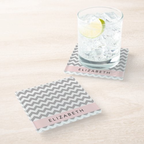 Gray Zigzag Gray Chevron Wave Pattern Your Name Glass Coaster