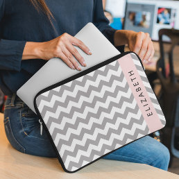 Gray Zigzag, Gray Chevron, Wave Pattern, Your Name Laptop Sleeve