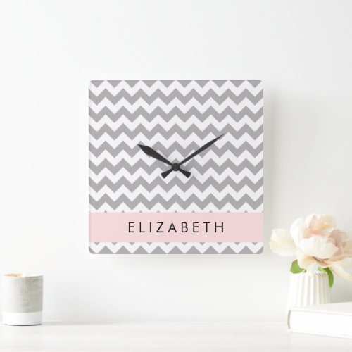 Gray Zigzag Gray Chevron Wave Pattern Your Name Square Wall Clock