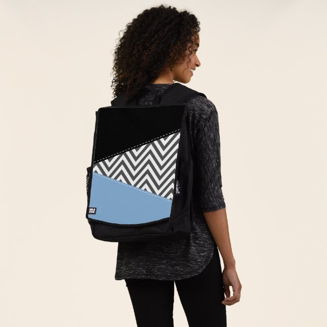 Gray Zigzag, Gray Chevron, Zigzag Pattern, Blue Backpack (Worn)