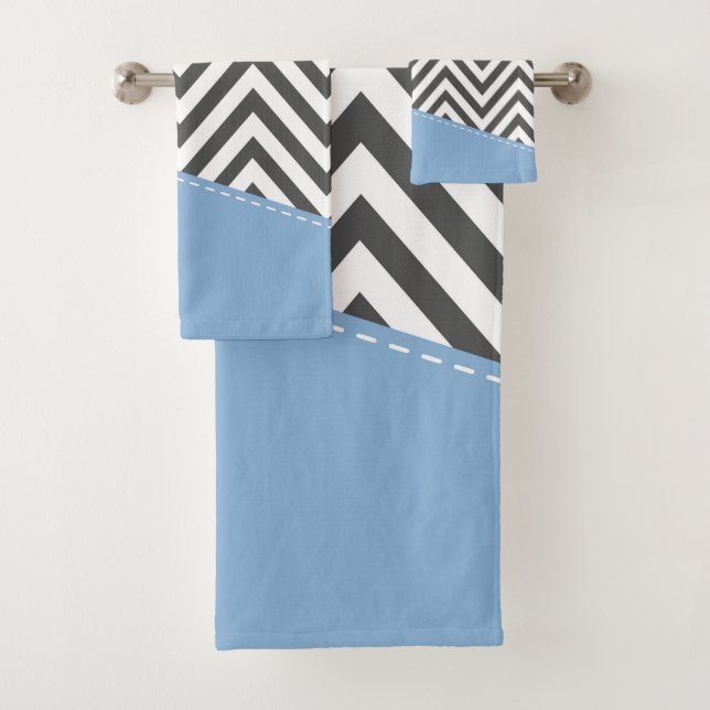 Gray Zigzag, Gray Chevron, Zigzag Pattern, Blue Bath Towel Set (Insitu)