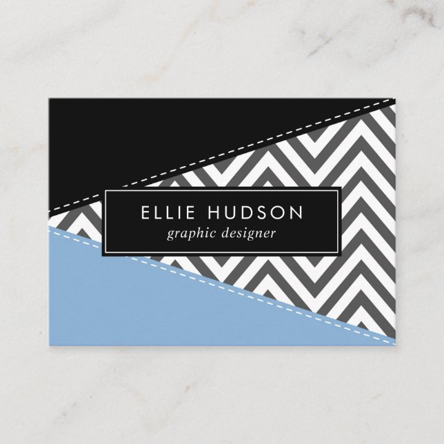 Gray Zigzag, Gray Chevron, Zigzag Pattern, Blue Business Card (Front)