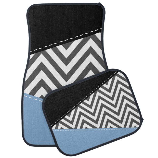 Gray Zigzag, Gray Chevron, Zigzag Pattern, Blue Car Floor Mat (Set)