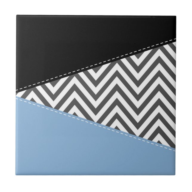 Gray Zigzag, Gray Chevron, Zigzag Pattern, Blue Ceramic Tile (Front)