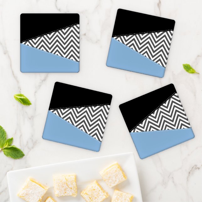 Gray Zigzag, Gray Chevron, Zigzag Pattern, Blue Coaster Set (In Situ)