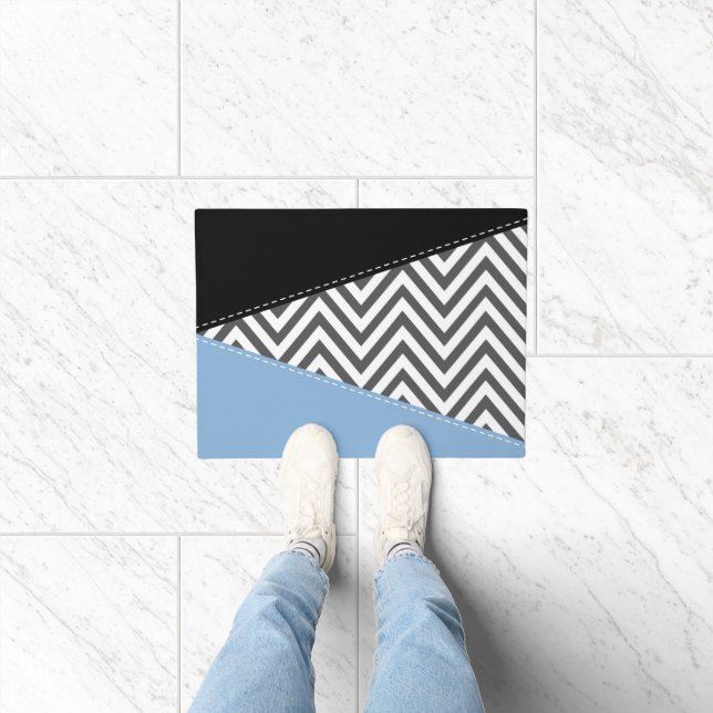 Gray Zigzag, Gray Chevron, Zigzag Pattern, Blue Doormat (Indoor)