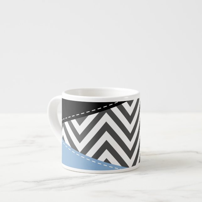 Gray Zigzag, Gray Chevron, Zigzag Pattern, Blue Espresso Cup (Front Left)