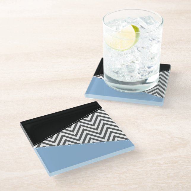 Gray Zigzag, Gray Chevron, Zigzag Pattern, Blue Glass Coaster (Angled)