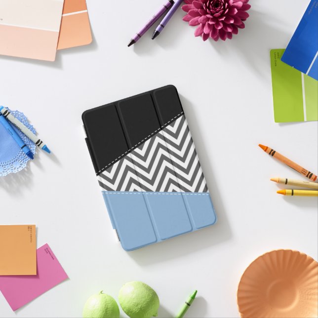 Gray Zigzag, Gray Chevron, Zigzag Pattern, Blue iPad Mini Cover (In Situ)