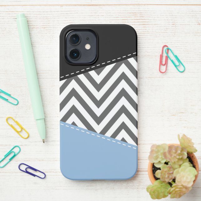 Gray Zigzag, Gray Chevron, Zigzag Pattern, Blue iPhone Case (On Desk)