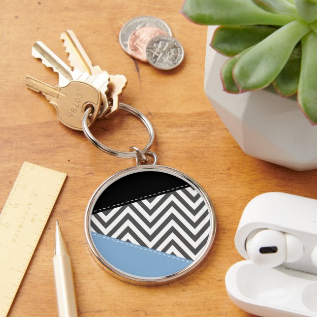 Gray Zigzag, Gray Chevron, Zigzag Pattern, Blue Keychain (Desk)