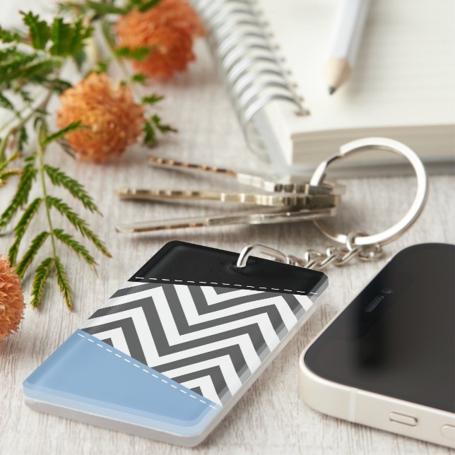 Gray Zigzag, Gray Chevron, Zigzag Pattern, Blue Keychain (Front Right)