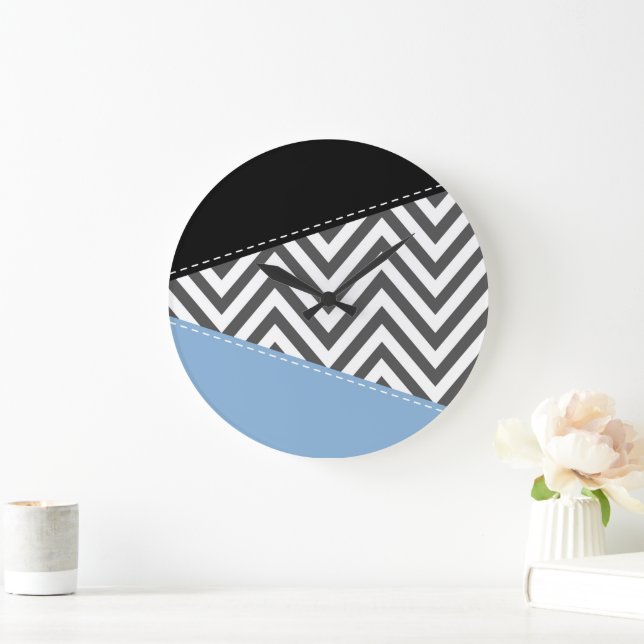 Gray Zigzag, Gray Chevron, Zigzag Pattern, Blue Large Clock (Home)