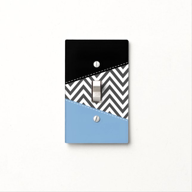 Gray Zigzag, Gray Chevron, Zigzag Pattern, Blue Light Switch Cover (In Situ)