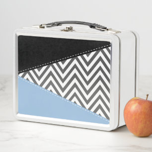 Gray Zigzag, Gray Chevron, Zigzag Pattern, Blue Metal Lunch Box