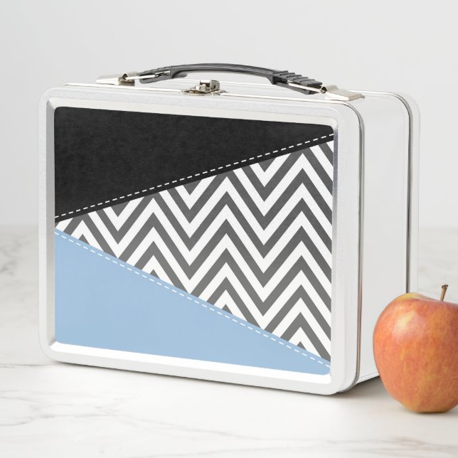 Gray Zigzag, Gray Chevron, Zigzag Pattern, Blue Metal Lunch Box (In Situ)