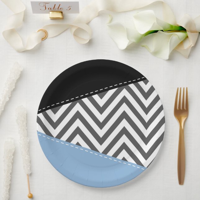 Gray Zigzag, Gray Chevron, Zigzag Pattern, Blue Paper Plates (Wedding)