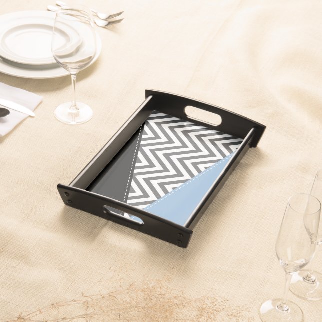 Gray Zigzag, Gray Chevron, Zigzag Pattern, Blue Serving Tray (Front)
