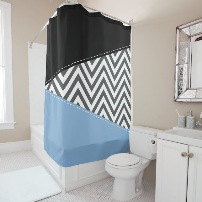 Gray Zigzag, Gray Chevron, Zigzag Pattern, Blue Shower Curtain (In Situ)