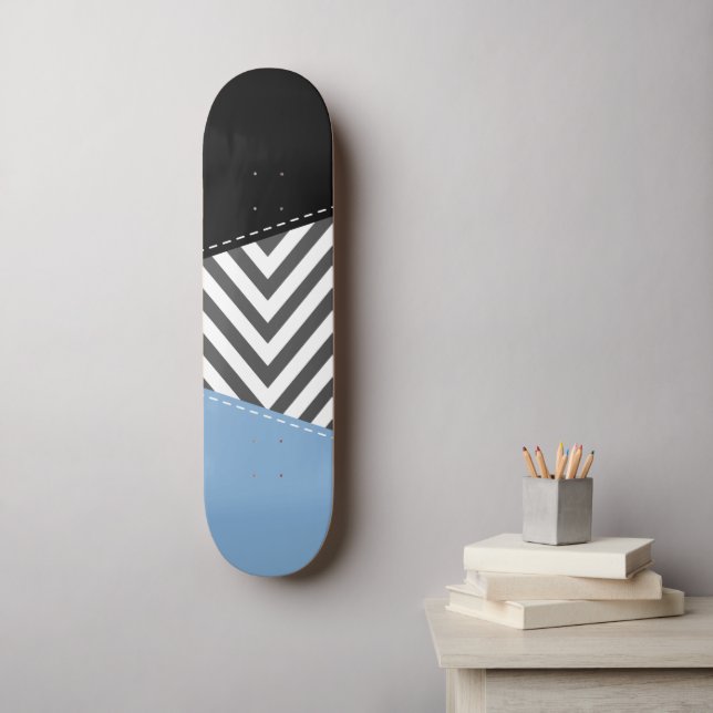 Gray Zigzag, Gray Chevron, Zigzag Pattern, Blue Skateboard (Wall Art)