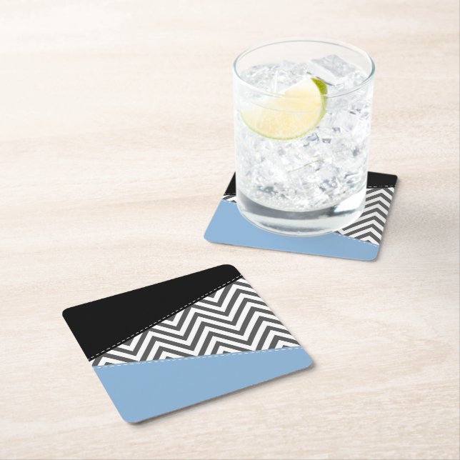 Gray Zigzag, Gray Chevron, Zigzag Pattern, Blue Square Paper Coaster (Insitu)