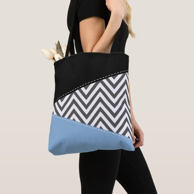 Gray Zigzag, Gray Chevron, Zigzag Pattern, Blue Tote Bag (Close Up)