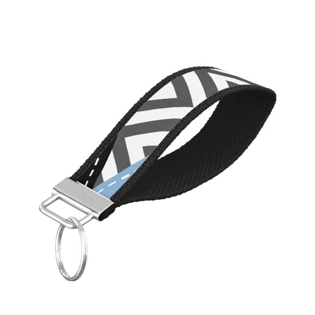 Gray Zigzag, Gray Chevron, Zigzag Pattern, Blue Wrist Keychain (Angled Down)