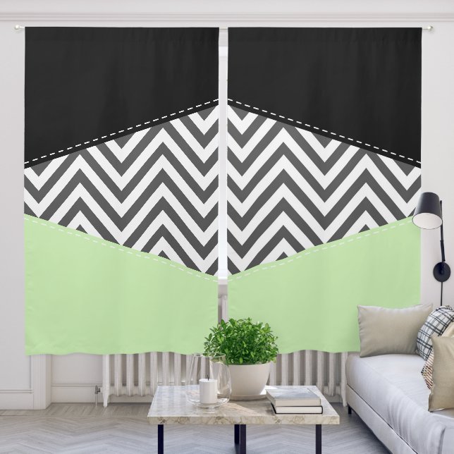 Gray Zigzag, Gray Chevron, Zigzag Pattern, Mint Blackout Curtains (Living Room)