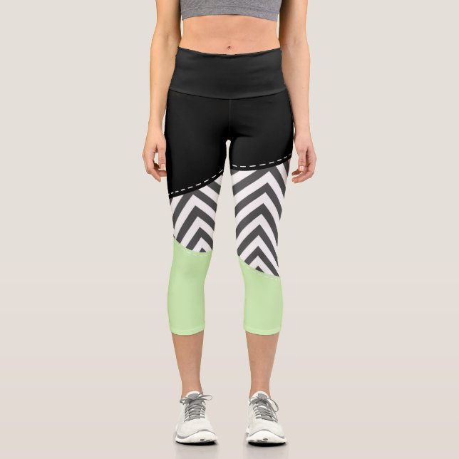 Gray Zigzag, Gray Chevron, Zigzag Pattern, Mint Capri Leggings (Front)