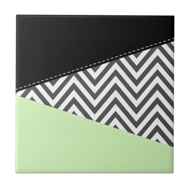 Gray Zigzag, Gray Chevron, Zigzag Pattern, Mint Ceramic Tile (Front)