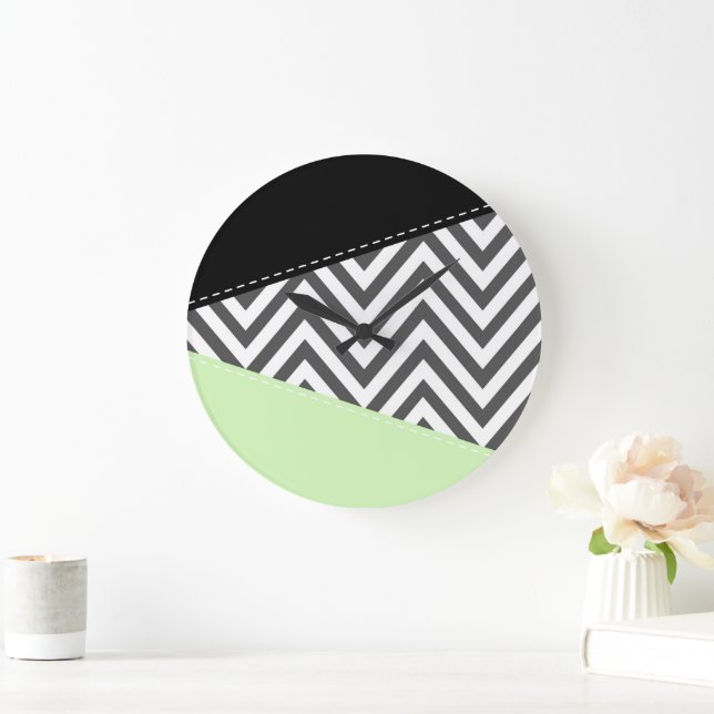 Gray Zigzag, Gray Chevron, Zigzag Pattern, Mint Large Clock (Home)